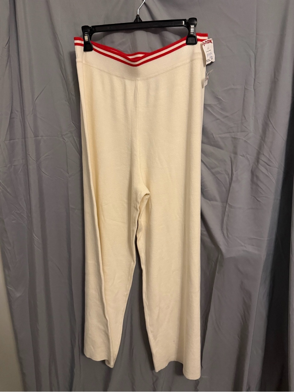Marled Cream Wide-Leg Knit Pants with Red Stripe Waist